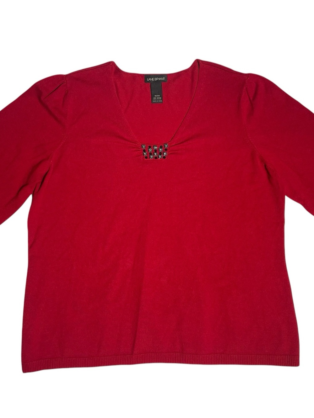 Lane Bryant Bright Red V-Neck Sweater with Jewel Accent